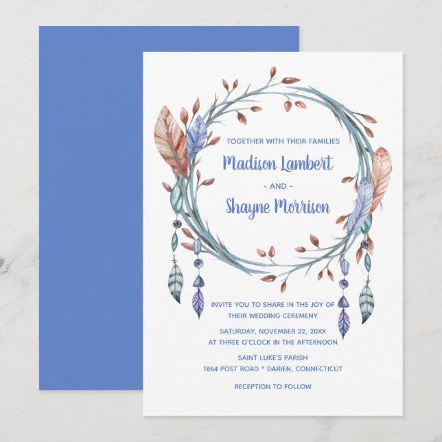 Tribal Native American Blue Feathers Boho Wedding Invitation (Front/Back)
