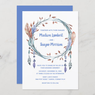 Tribal Native American Blue Feathers Boho Wedding Invitation