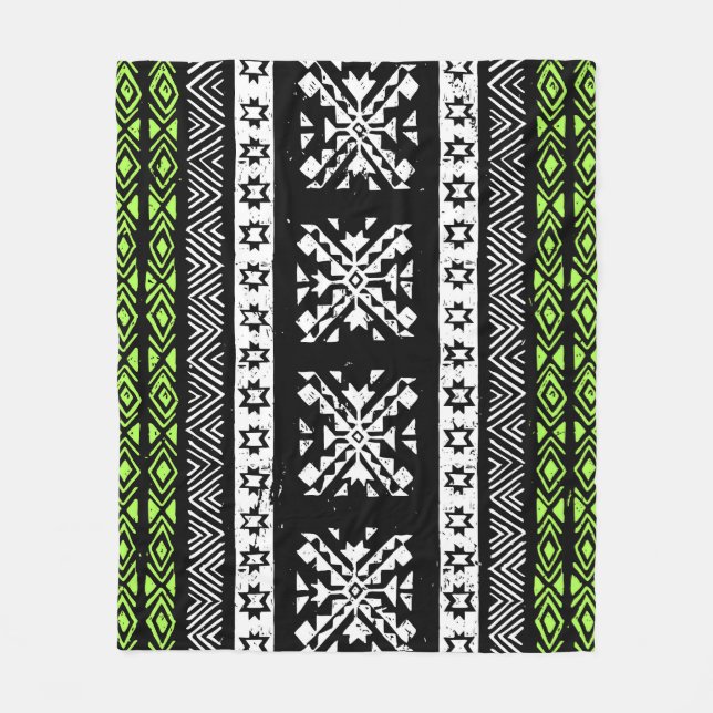 Tribal Navajo, black white green pattern. Fleece Blanket (Front)
