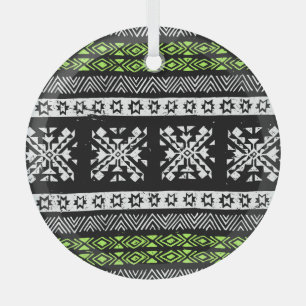 Tribal Navajo, black white green pattern. Glass Ornament