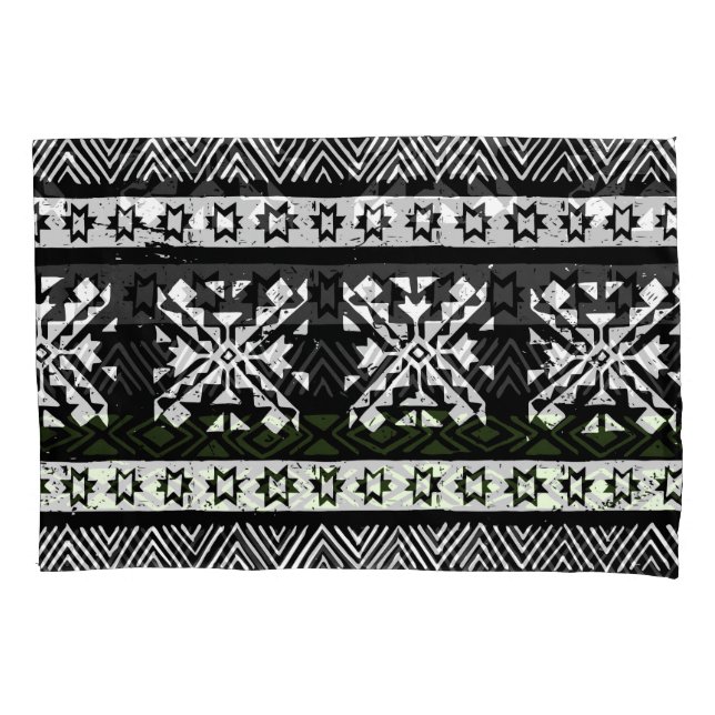 Tribal Navajo, black white green pattern. Pillow Case (Front)
