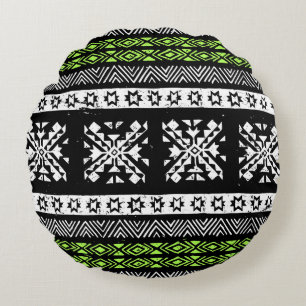Tribal Navajo, black white green pattern. Round Pillow
