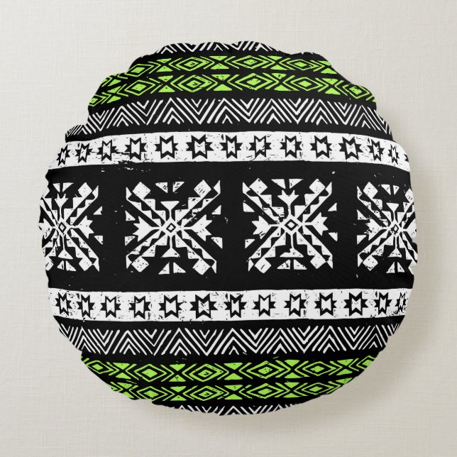 Tribal Navajo, black white green pattern. Round Pillow (Front)