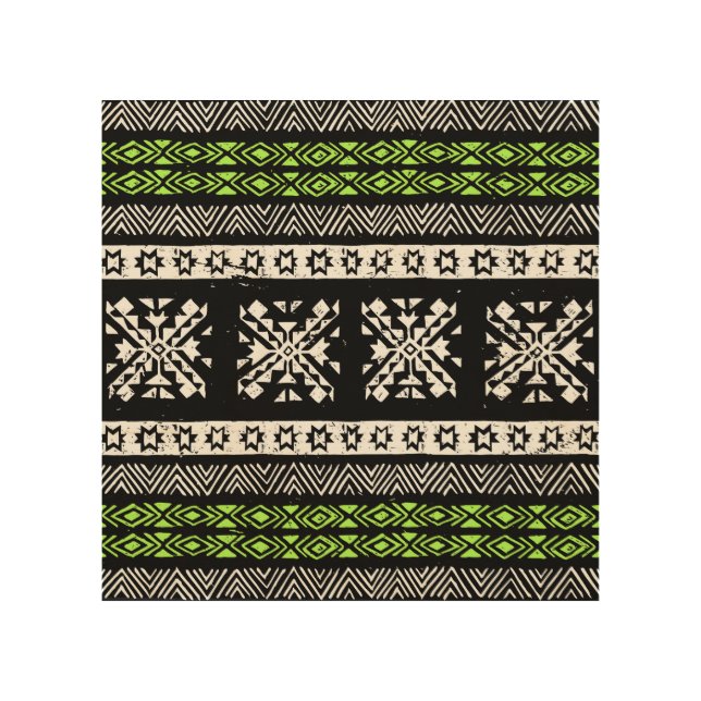 Tribal Navajo, black white green pattern. Wood Wall Art (Front)