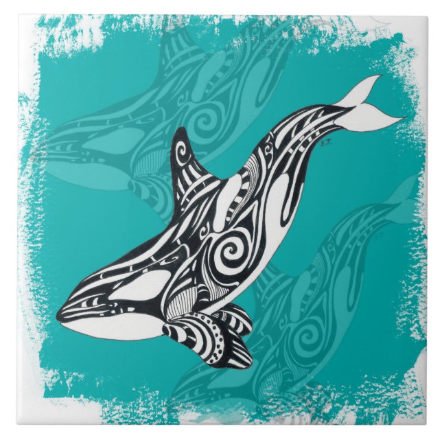 Tribal Orca Brushed Teal Ceramic Tile (Front)