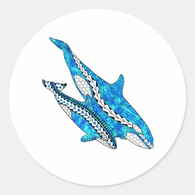 Tribal Orca Whales Classic Round Sticker (Front)