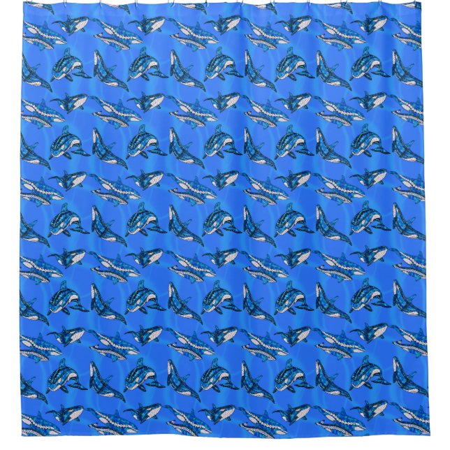 Tribal Orcas Whales Shower Curtain (Front)