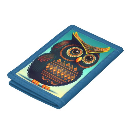 Tribal owl illustration trifold wallet