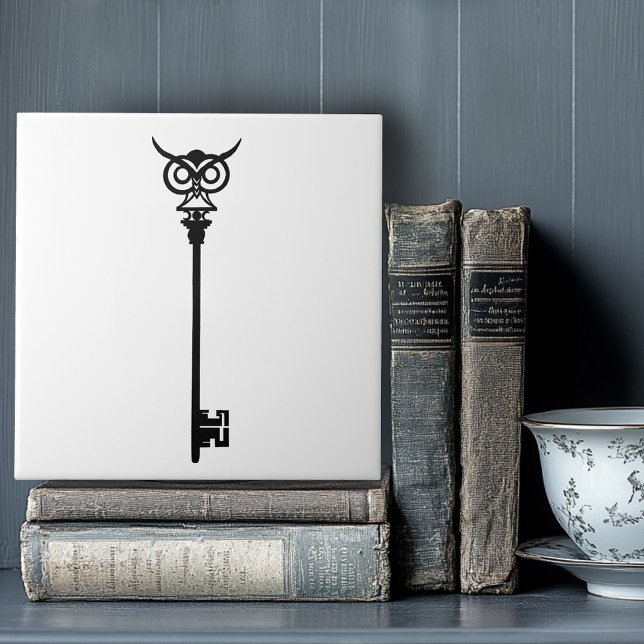 Tribal Owl Skeleton Key Black White Gothic Ceramic Tile (Creator Uploaded)