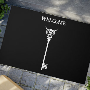 Tribal Owl Skeleton Key Black White Gothic Doormat