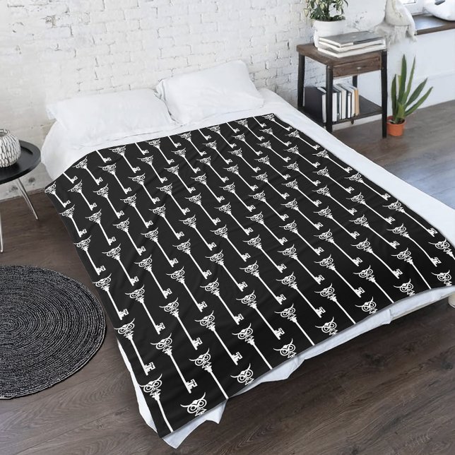 Tribal Owl Skeleton Key Black White Gothic Fleece Blanket (Creator Uploaded)