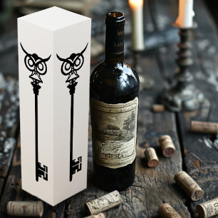 Tribal Owl Skeleton Key Black White Gothic Wine Gift Box