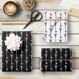 Tribal Owl Skeleton Key Black White Gothic Wrapping Paper Sheets
