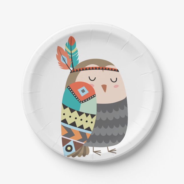 Tribal Owl Woodland Forest Birthday Boho Baby Paper Plates (Front)