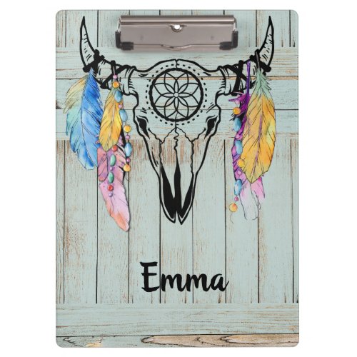 Tribal Ox Skull With Beads Feathers Watercolor  Clipboard