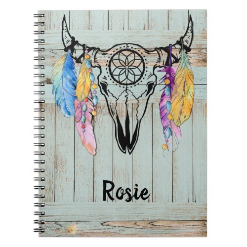 Tribal Ox Skull With Watercolor Beads Feathers    Notebook