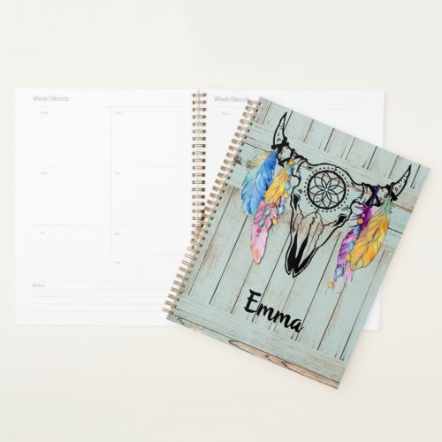 Tribal Ox Skull With Watercolor Beads Feathers   Planner