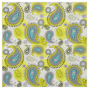 Tribal Paisley Pattern Lemon Yellow Turquoise  Fabric