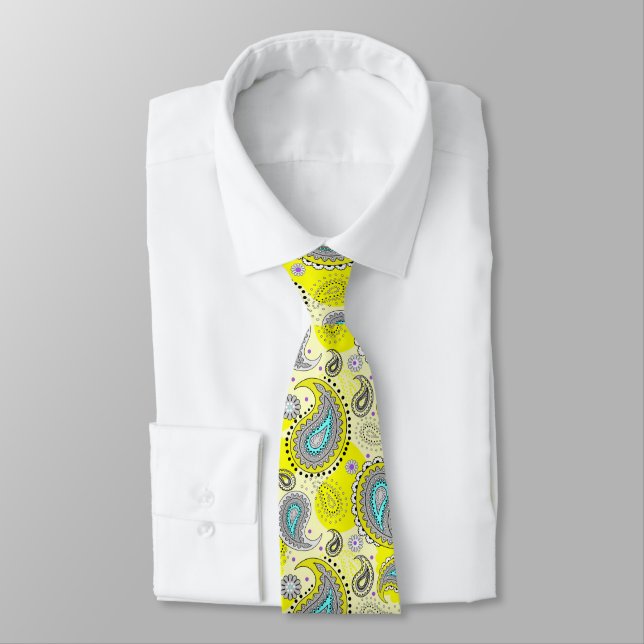Tribal Paisley Pattern Lemon Yellow Turquoise  Neck Tie (Tied)