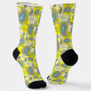Tribal Paisley Pattern Lemon Yellow Turquoise Socks