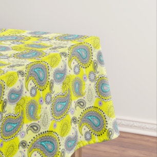 Tribal Paisley Pattern Lemon Yellow Turquoise Tablecloth
