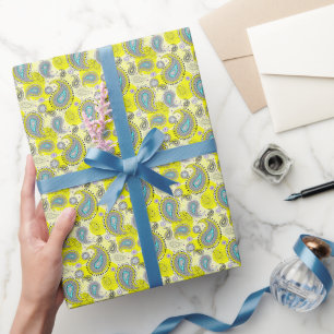 Tribal Paisley Pattern Lemon Yellow Turquoise Wrapping Paper