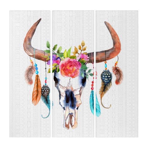 Tribal Pattern And Bull Skull Triptych