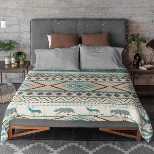Tribal Pattern Bear Elk Deer Woodland Teal Brown Duvet Cover