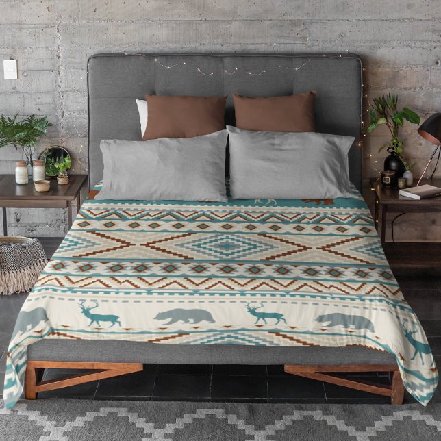 Tribal Pattern Bear Elk Deer Woodland Teal Brown Duvet Cover (Creator Uploaded)