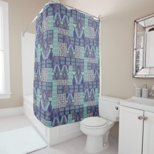 Tribal Pattern IKAT inspired Stripe Aqua Navy Blue Shower Curtain