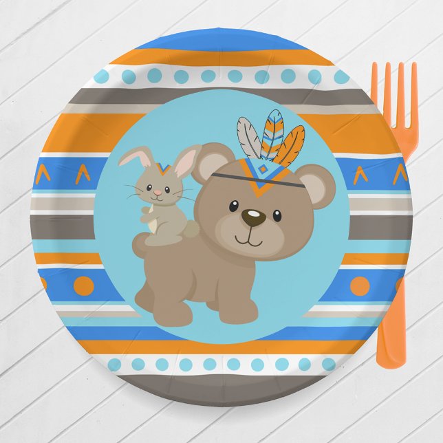 Tribal Patterned Woodland Bear Party Paper Plates (Tribal Woodland Forest Bear & Bunny Part Paper Plates in Blue, Baby Blue. Orange, Brown & Tan)