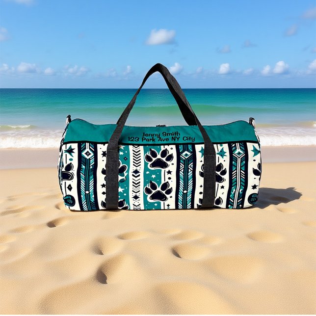 Tribal Paw Print Teal Monogram Personalize Duffle Bag (Creator Uploaded)