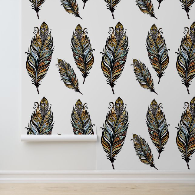 Tribal Peacock-Inspired Feather Artistic Wall Art Wallpaper (Application)