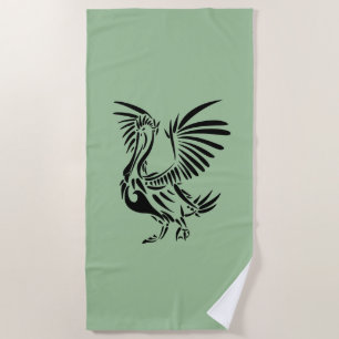 Tribal Pelican Art on Green Beach Towel