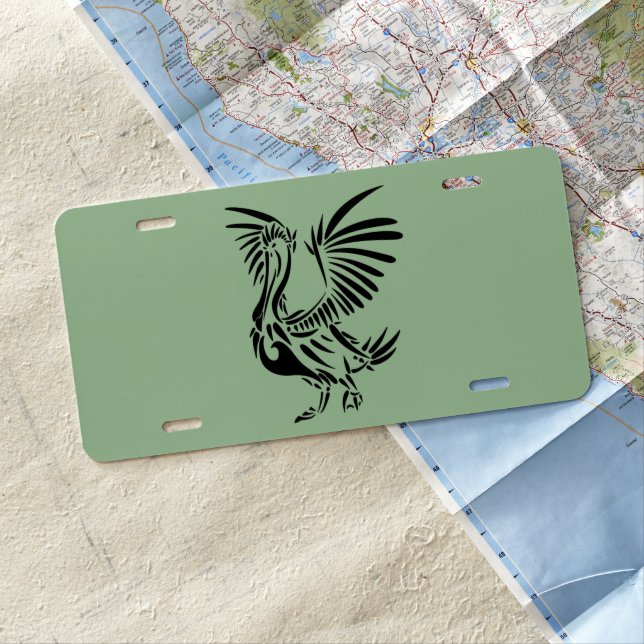 Tribal Pelican Art on Green License Plate (In Situ)