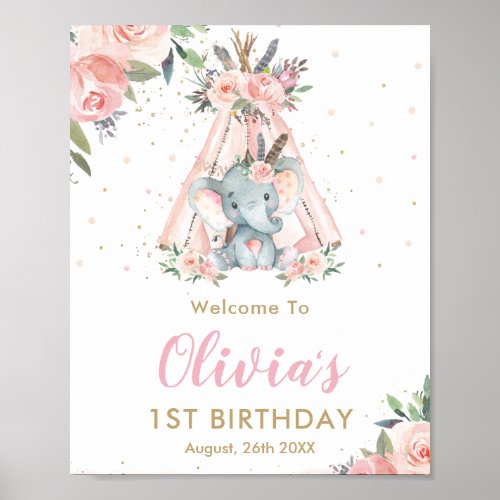 Tribal Pink Floral Elephant 1st Birthday Welcome Poster