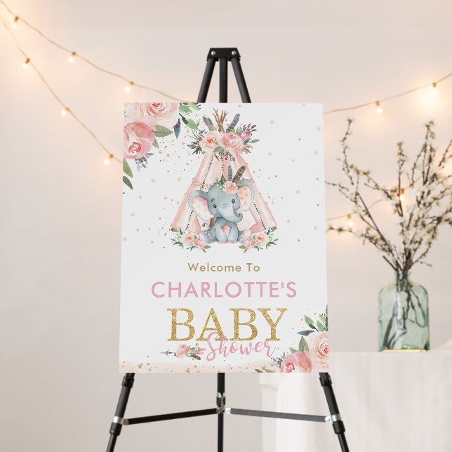 Tribal Pink Floral Elephant Baby Shower Welcome Foam Board (In Situ (Stand))