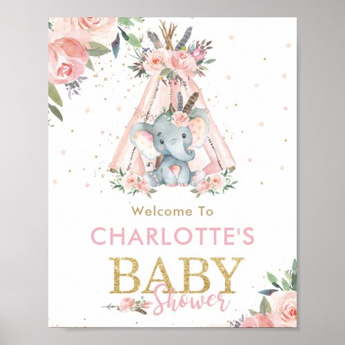 Tribal Pink Floral Elephant Baby Shower Welcome Poster