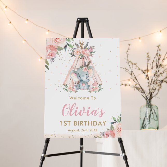 Tribal Pink Floral Elephant Birthday Baby Welcome  Foam Board (In Situ (Stand))