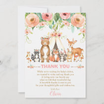 Tribal Pink Floral Woodland Animals Baby Shower Thank You Card