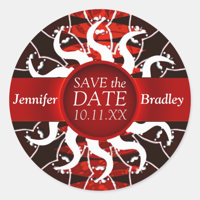 Tribal Red Black/White Sun Save the Date Sticker (Front)