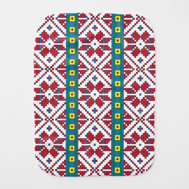 Tribal red, blue, and white star geometric pattern baby burp cloth (Front)