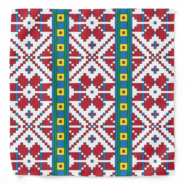 Tribal red, blue, and white star geometric pattern bandana (Front)