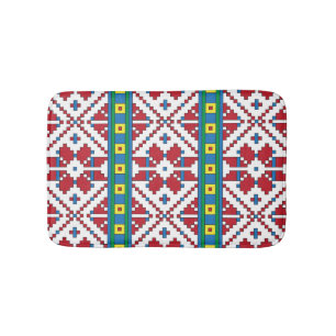 Tribal red, blue, and white star geometric pattern bathroom mat