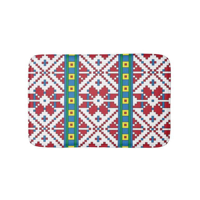 Tribal red, blue, and white star geometric pattern bathroom mat (Front)