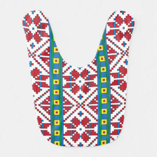 Tribal red, blue, and white star geometric pattern bib