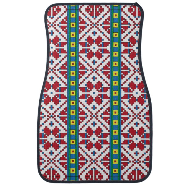 Tribal red, blue, and white star geometric pattern car mat (Front)