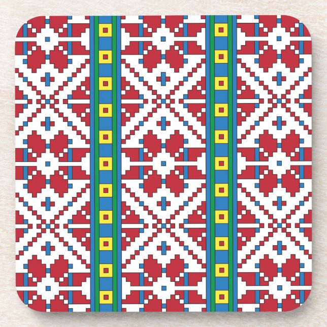 Tribal red, blue, and white star geometric pattern coaster (Front)