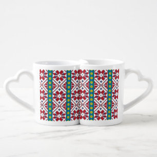 Tribal red, blue, and white star geometric pattern coffee mug set