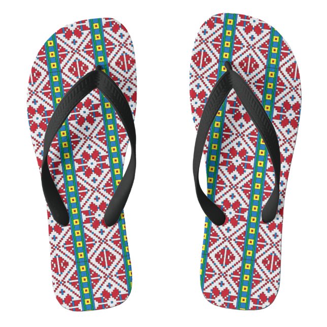 Tribal red, blue, and white star geometric pattern flip flops (Footbed)